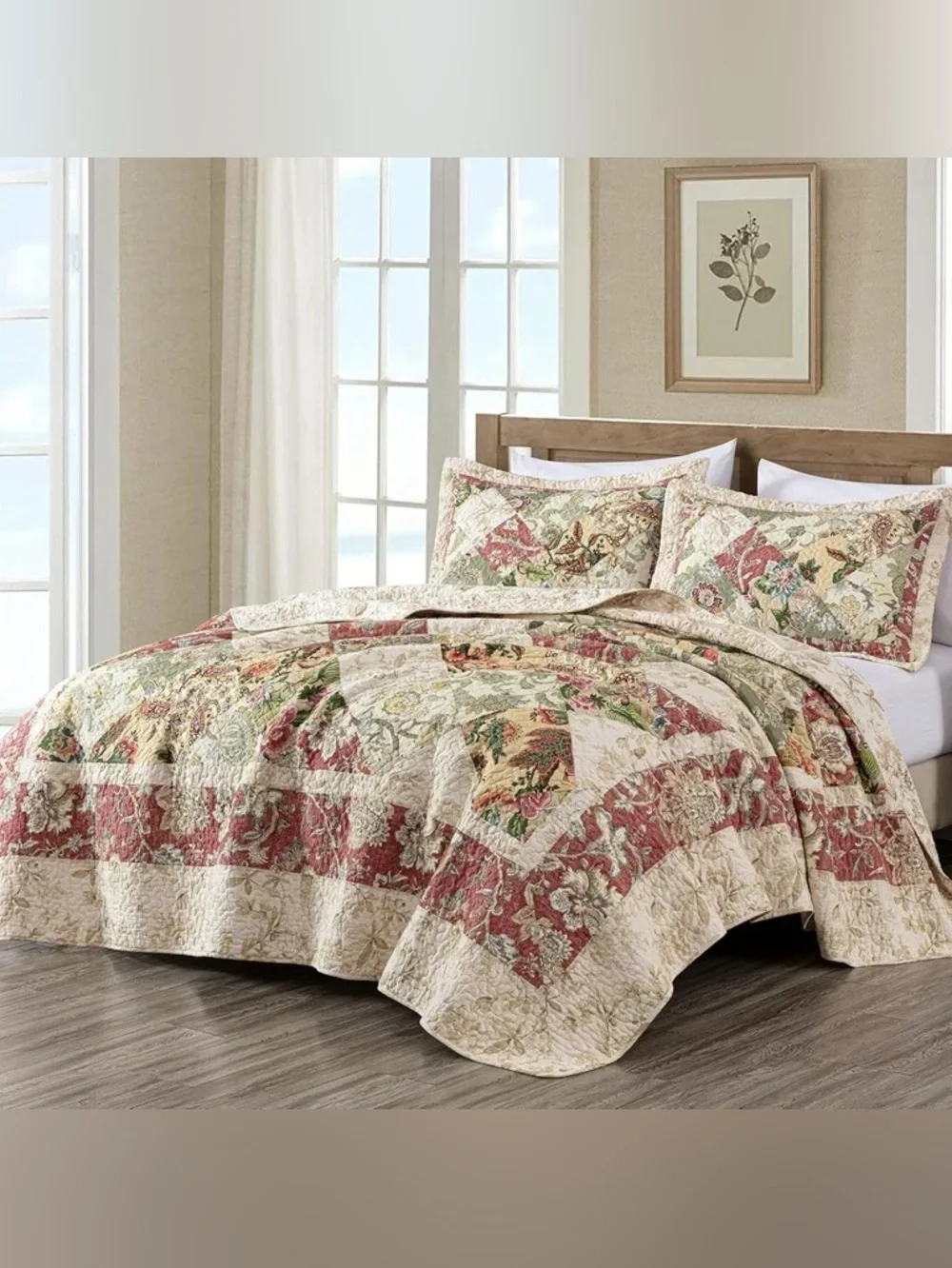 Floral Patchwork Cotton king 3 piece  Quilt Set in Multi-Colored Red & Cream